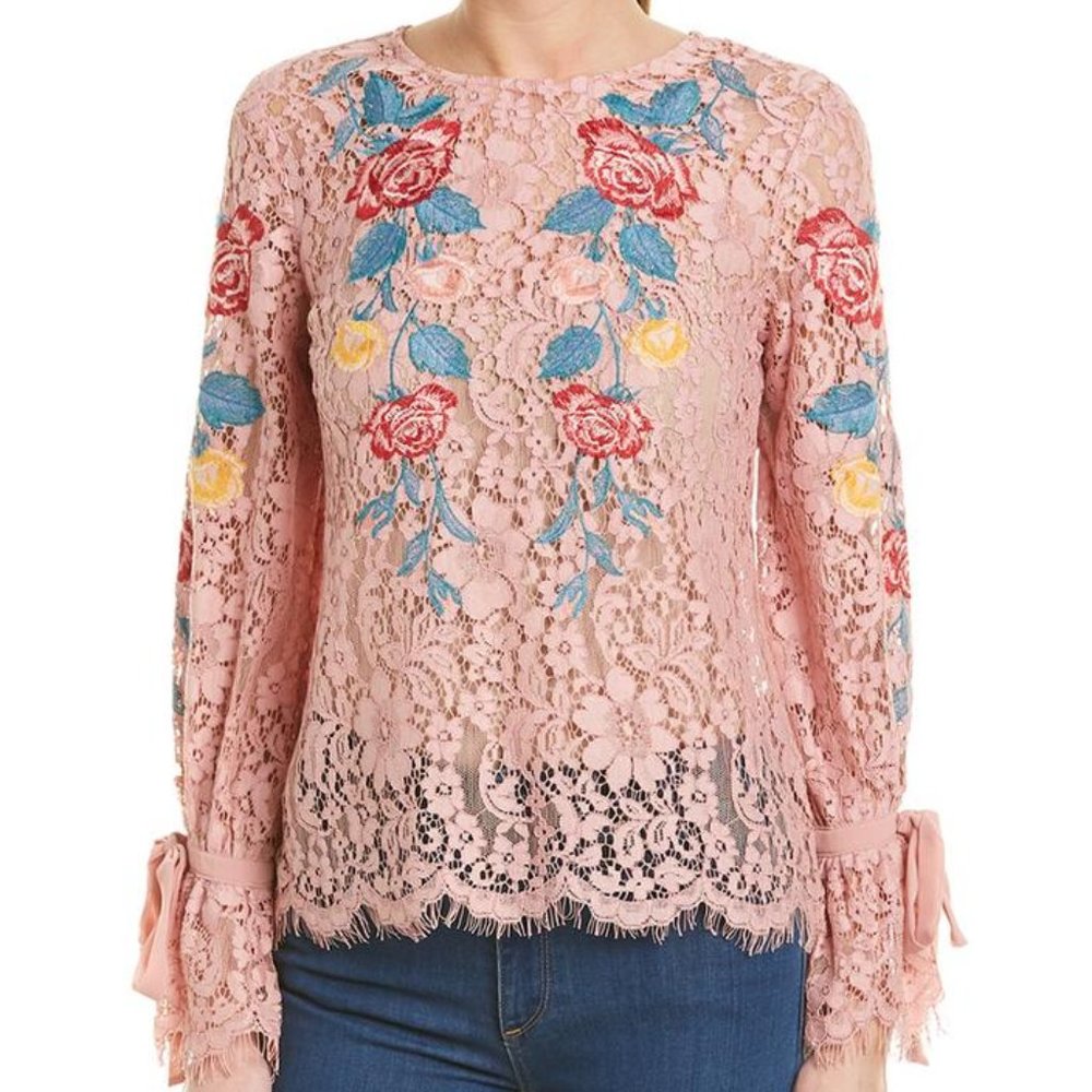 Champagne & Strawberry Lace Floral Embroidered Blouse